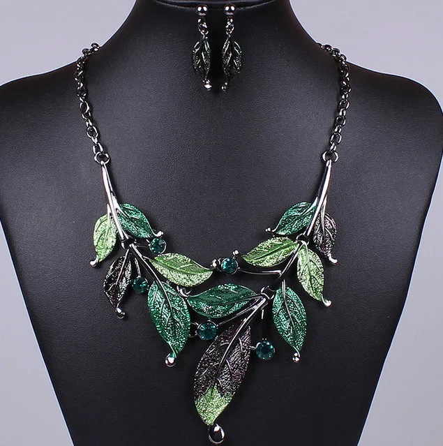 Women Accessories Gift Set - Green Purple Black Leaf Necklace Earring