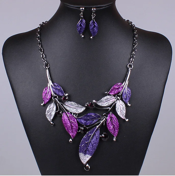 Green Purple Black Leaf Neckla – Women Accessories Gift Set recenzja i cena